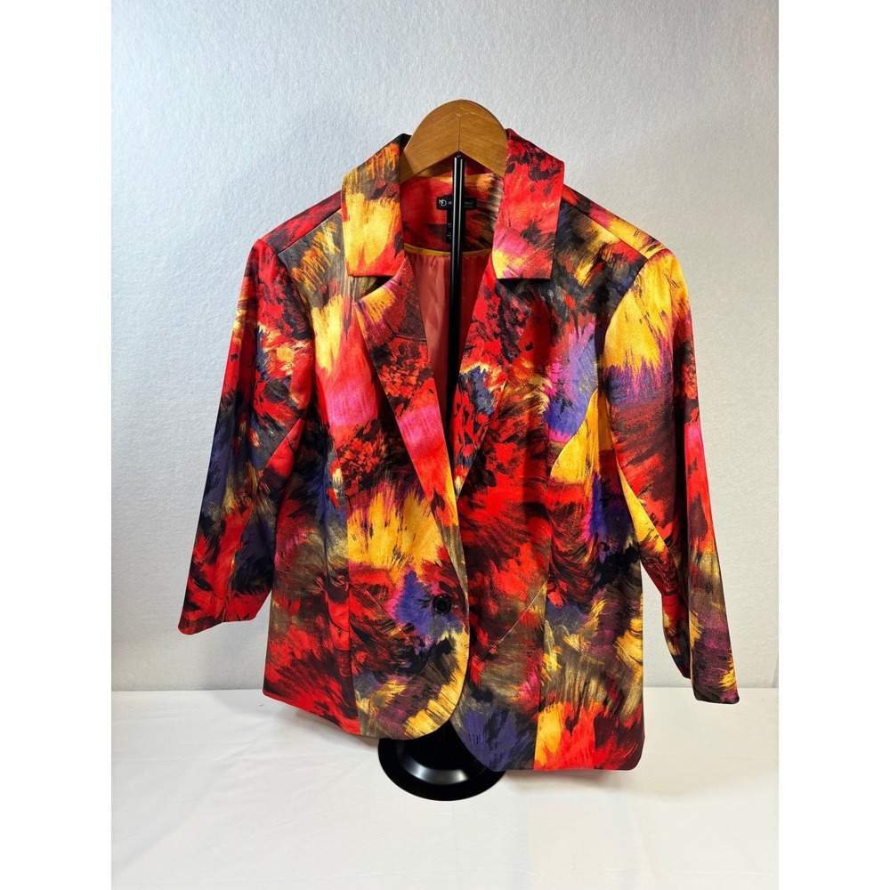 New Directions Woman Abstract Brushstroke Blazer Red Yellow Multi Color 1X